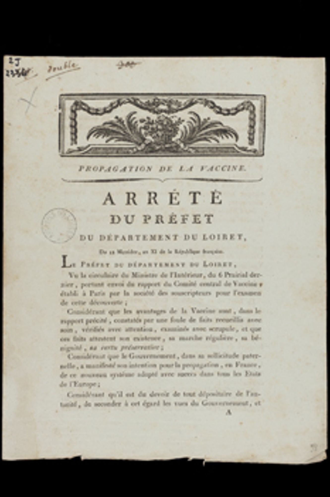 Arrêté préfectoral pour une campagne sanitaire contre la variole