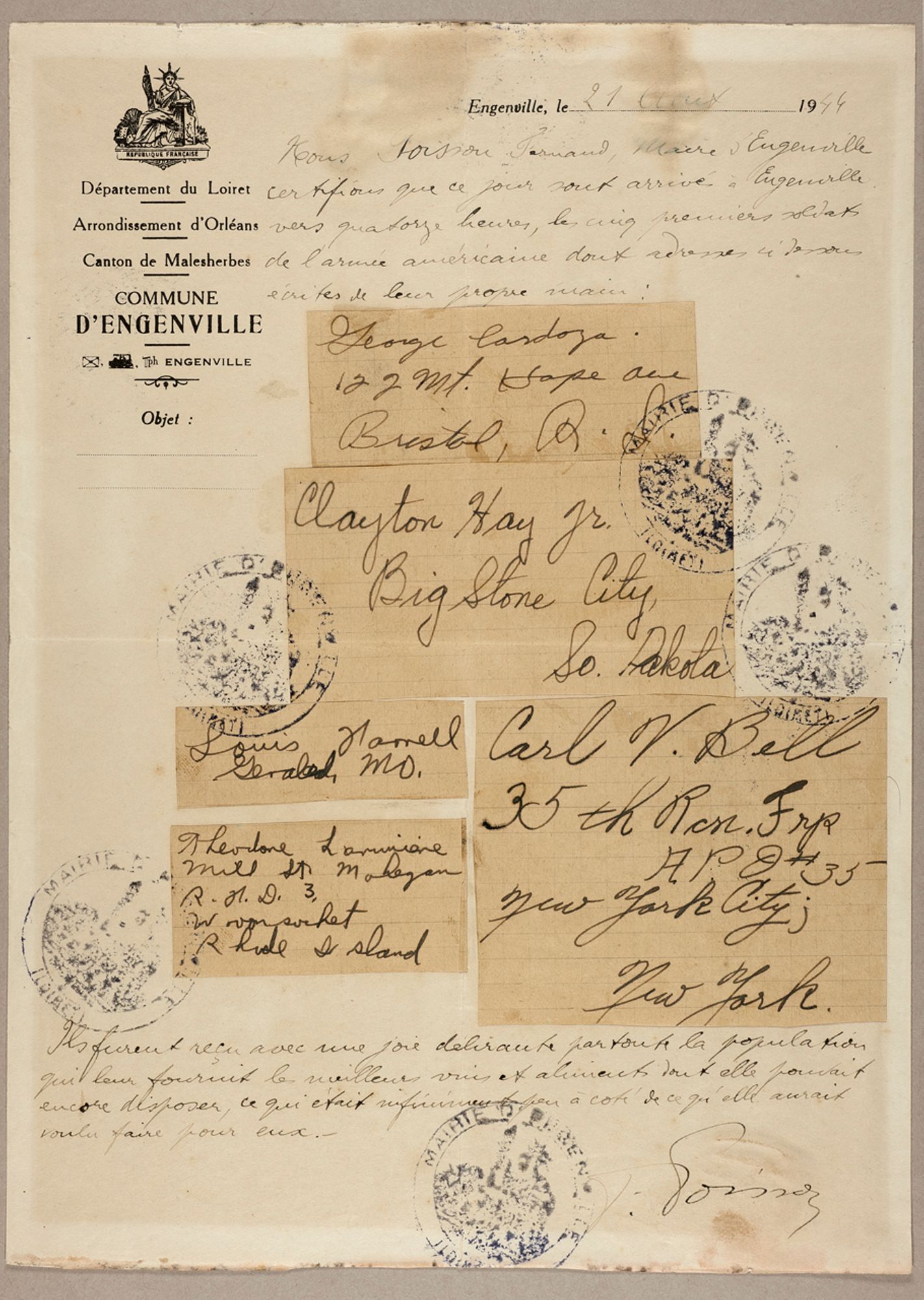 Arrivée des Américains à Engenville - 1944