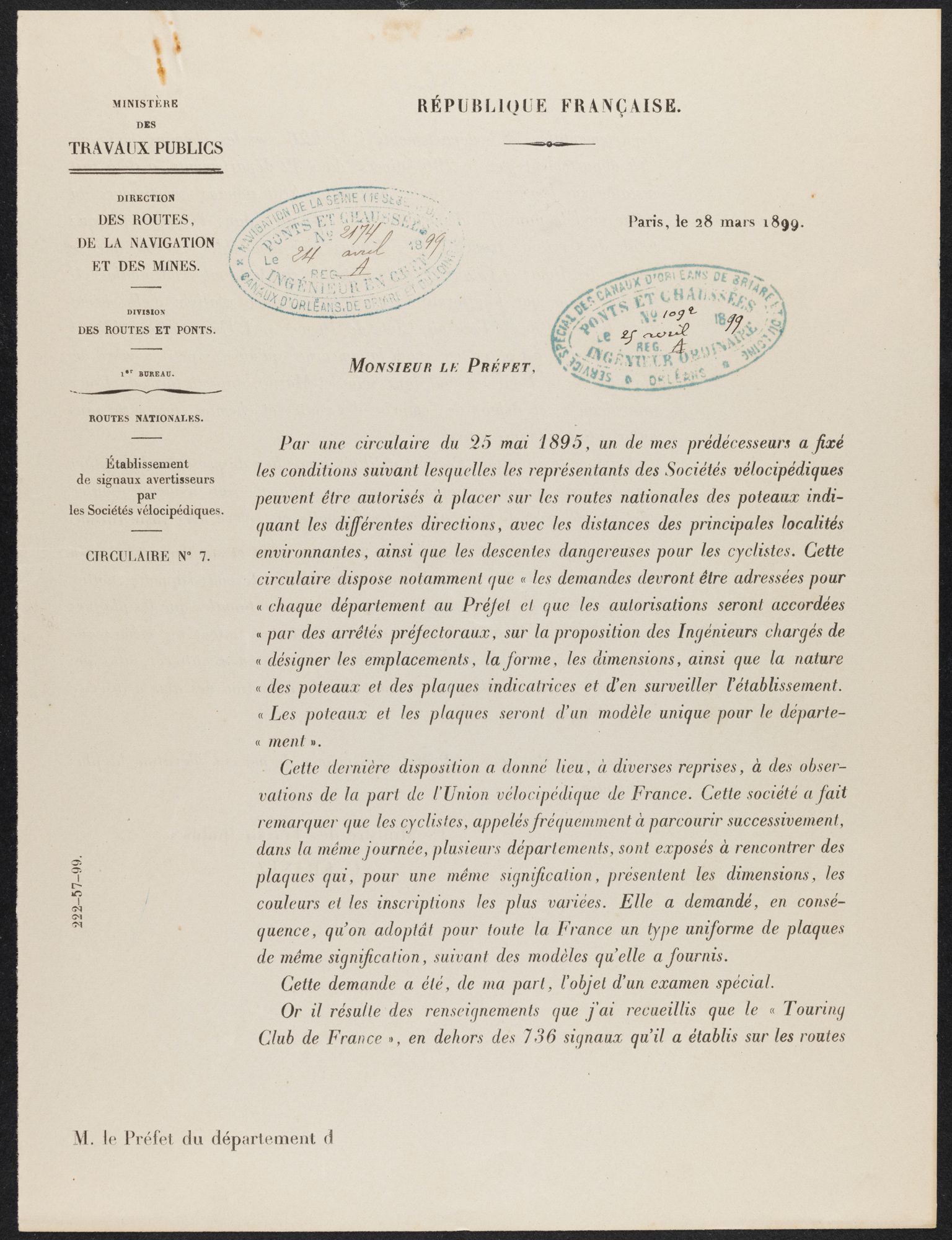 Lettre du ministre des Travaux Publics aux préfets sur les panneaux de signalisation routière, 1899.  (Arch. dép. du Loiret, 1 S 39241)
