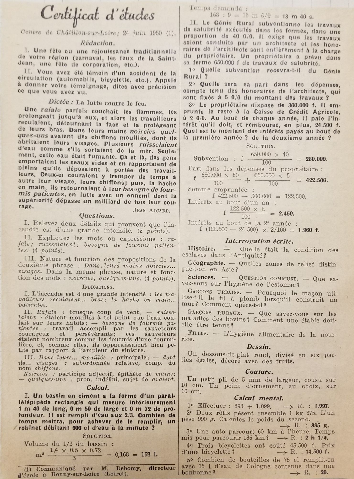 Sujets d’examens du certificat d’étude primaire, centre de Chatillon-sur-Loire, 1950.