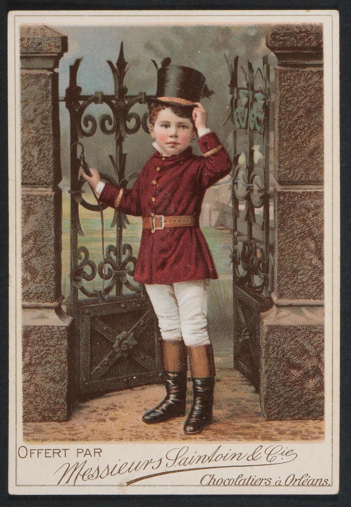 Images publicitaires du chocolat Saintoin : jeune garçon en costume de cavalier, XXe siècle. 