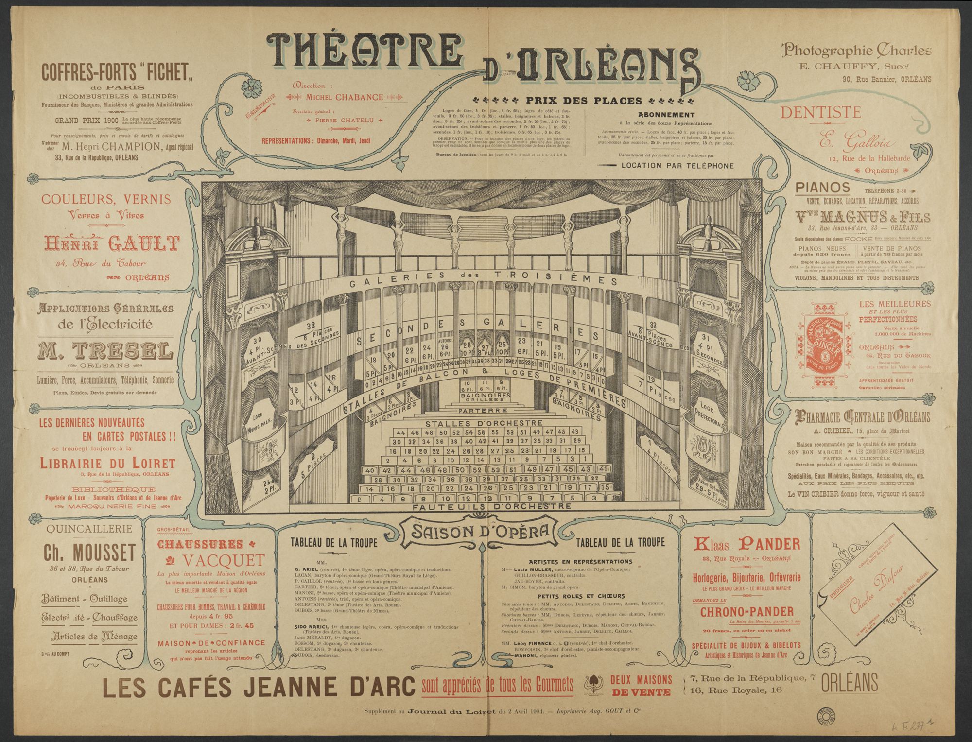 « Théâtre d'Orléans », « saison d’opéra », feuillet publicitaire avec plan des places, liste des acteurs de la troupe et publicités de magasins orléanais, 2 avril 1904. Dimensions originales : H 50 x L 64 cm. (Arch. dép. du Loiret, 4 FI 277)