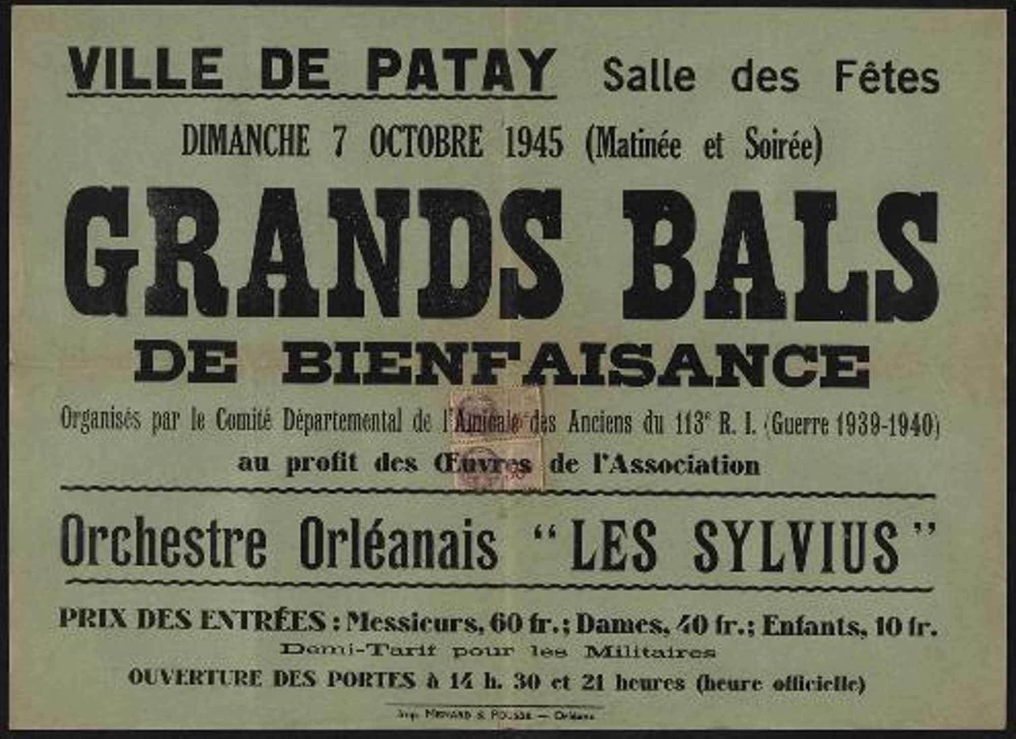 Affiche du bal de bienfaisance à Patay (7 octobre 1945)