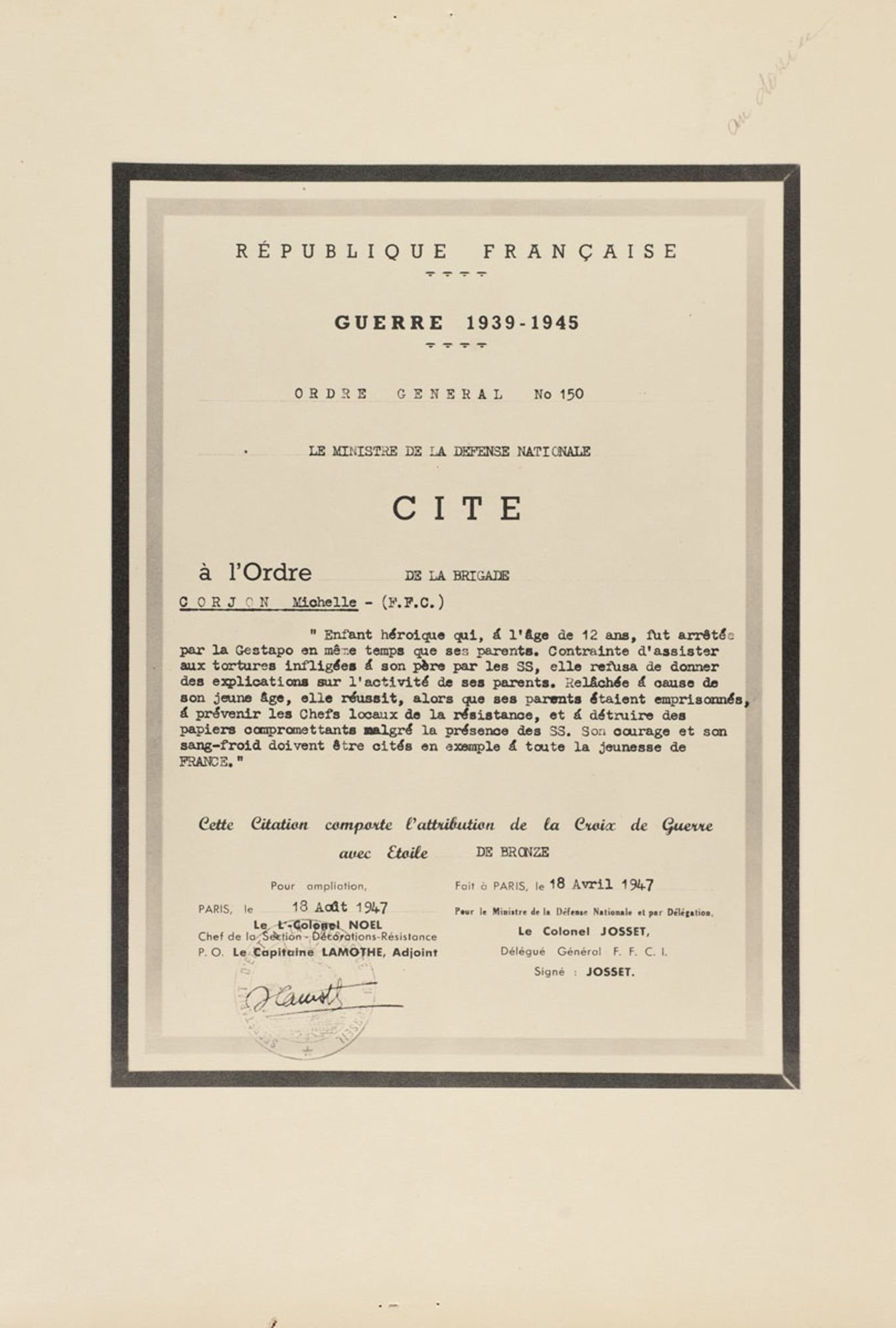 Citation par le ministère de la Défense et attribution de la croix de guerre à Michelle CORJON, 1947