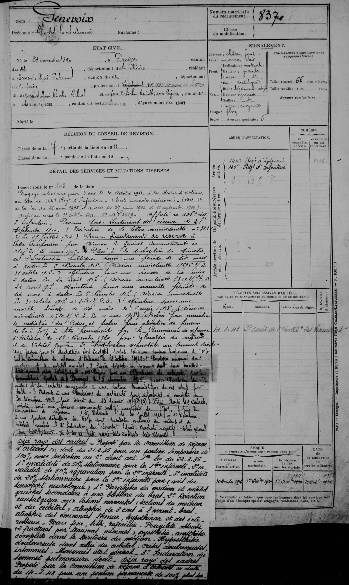 Fiche matricule du soldat Genevoix