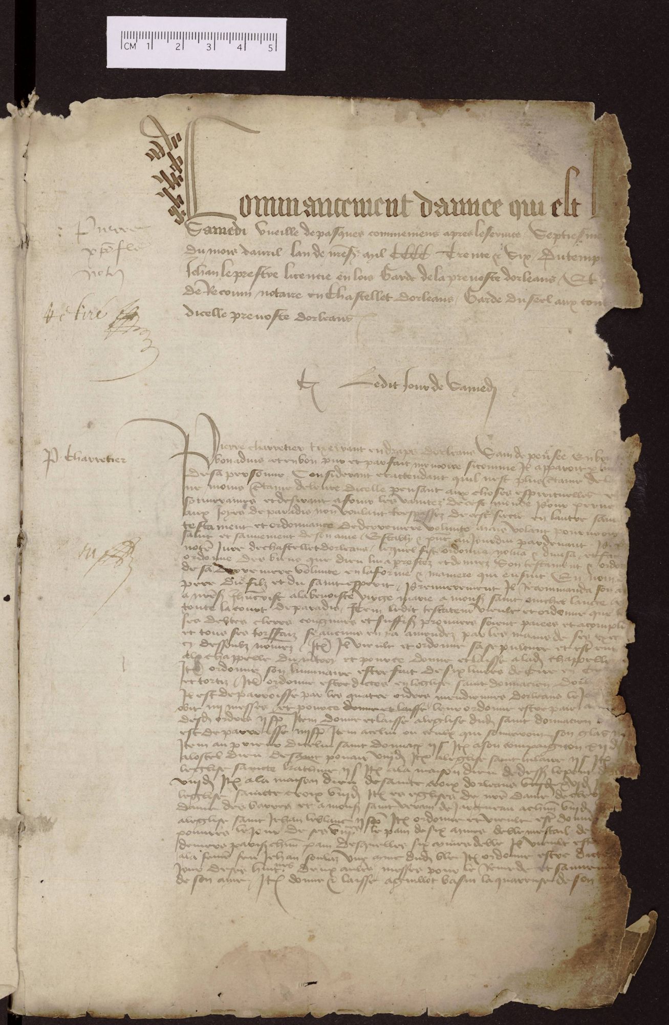 Première page du registre de Pierre CHRISTOPHE notaire à Orléans (1436)
